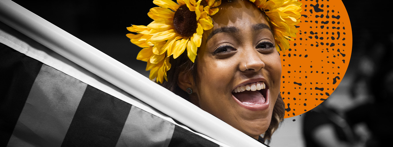 Student showing her spirit during Ram Camp at the Siegel Center. RAM CAMP is a week-long on-campus leadership experience designed to connect incoming first year students to VCU traditions, campus resources, and fellow Rams.