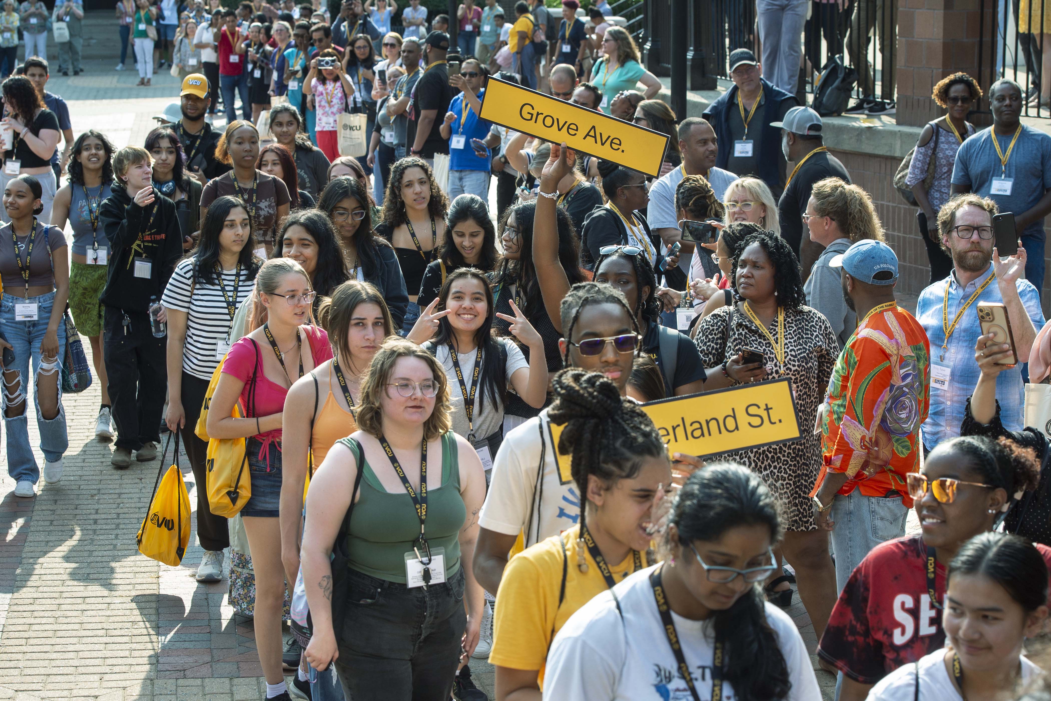 Students in Orientation session explore campus with Orientation Leaders
